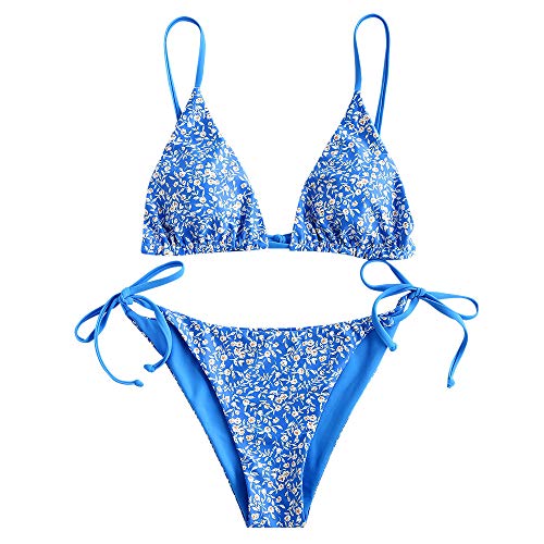 ZAFUL Damen Gepolstert Bikini Set, Reversible Blumenmuster Bikini Badeanzug mit Dreieck Cup Spaghetti-Tr?ger (E-Meeresblau,L) von ZAFUL