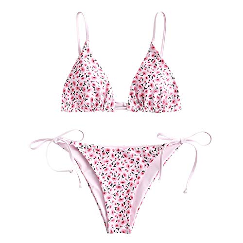 ZAFUL Damen Gepolstert Bikini Set, Reversible Blumenmuster Bikini Badeanzug mit Dreieck Cup Spaghetti-Tr?ger (E-Rosa,S) von ZAFUL