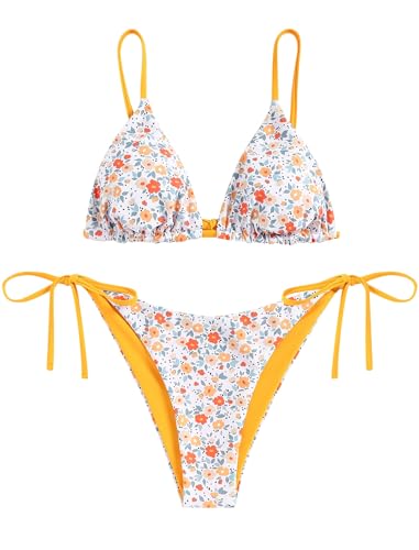 ZAFUL Damen Gepolstert Bikini Set, Reversible Blumenmuster Bikini Badeanzug mit Dreieck Cup Spaghetti-träger (3-Gelb-Blumen,L) von ZAFUL