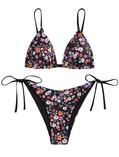 ZAFUL Damen Gepolstert Bikini Set, Reversible Blumenmuster Bikini Badeanzug mit Dreieck Cup Spaghetti-träger (3-Schwarz-Blumen,M) von ZAFUL