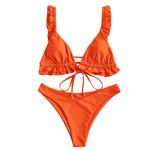 ZAFUL Damen Gepolsterte Bikini Set, Dreieck Cup Rüschen Krawatte High Cut Bikini Badeanzug (A-Orange,L) von ZAFUL