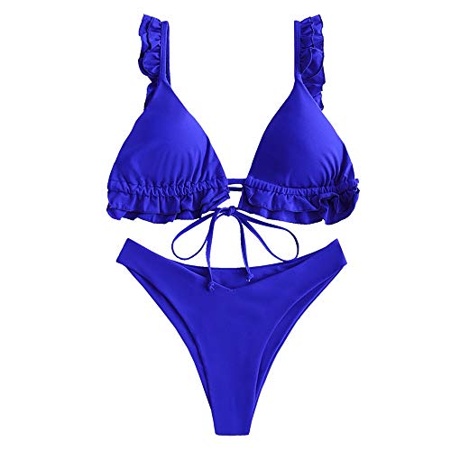 ZAFUL Damen Gepolsterte Bikini Set, Dreieck Cup Rüschen Krawatte High Cut Bikini Badeanzug (A-Blau,L) von ZAFUL