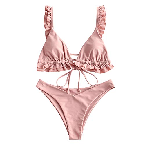 ZAFUL Damen Gepolsterte Bikini Set, Dreieck Cup Rüschen Krawatte High Cut Bikini Badeanzug (A-Rosa,S) von ZAFUL