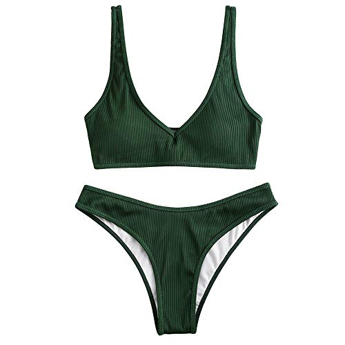 ZAFUL Damen Bikini Set Push up Gepolsterte Gerippt Textured V-Ausschnitt High Cut Zweiteiler Badeanzug Bademode (Dunkelgrün,L) von ZAFUL