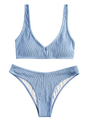 ZAFUL Damen Gepolsterte Bikini Set, Texturiert V-Ausschnitt High Cut Bikini Badeanzug Sommer (Hellblau,S) von ZAFUL