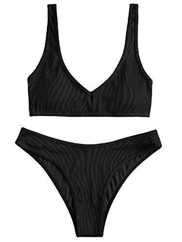 ZAFUL Damen Bikini Set Push up Gepolsterte Gerippt Textured V-Ausschnitt High Cut Zweiteiler Badeanzug Bademode (Schwarz,L) von ZAFUL