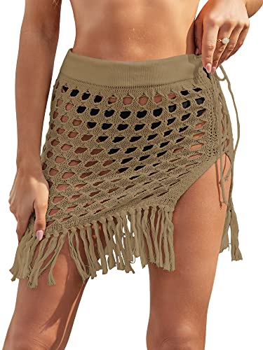 ZAFUL Damen Häkel-Bikini Cover Up Rock Quaste Strick Mini Strand Kordelzug Seite Badeanzug, Khaki, Large von ZAFUL