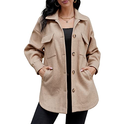 ZAFUL Damen Hemdjacke Solide Wollmischung Mantel für Herbst Winter (B-Khaki, L) von ZAFUL