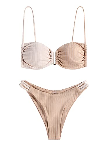 ZAFUL Damen High Cut V-Wire Bikini Sets Riemchen Seite Dreieck Bottom Lace Up 2 Stück Badeanzug, Heller Kaffee, S von ZAFUL