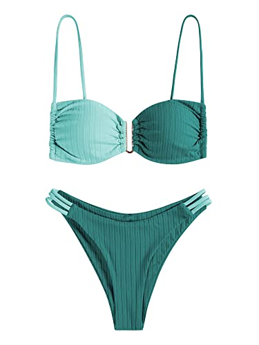 ZAFUL Damen High Cut V-Wire Bikini Sets Riemchen Seite Dreieck Bottom Lace Up 2 Stück Badeanzug, Pfauenblau, S von ZAFUL