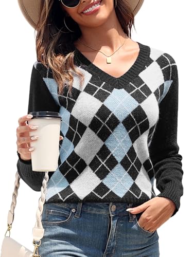 ZAFUL Damen Langarm V-Ausschnitt Argyle-Strick Crop Sweater Pullover Tops - Schwarz - Klein von ZAFUL