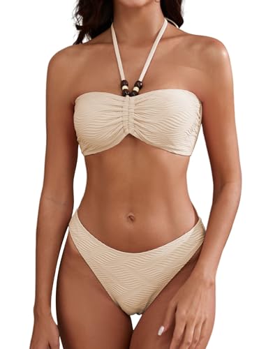ZAFUL Damen Neckholder-Bikini, Bandeau-Bikini, Perlen, Raffhalter, String-Bikini-Set, Push-Up, zweiteiliger Badeanzug, 1-beige, S von ZAFUL