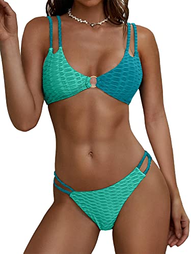 ZAFUL Damen O-Ring Bikini Doppel Schultergurte Bikini Set Farbblock Badeanzug Frecher Zweiteiliger Badeanzug, 1-Blau, S von ZAFUL