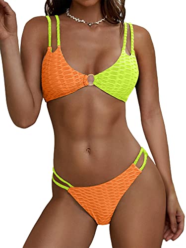 ZAFUL Damen O-Ring Bikini Doppelte Schultergurte Bikini Set Freche Unterseite Zweiteiliger Badeanzug Badeanzug, 1-orange, S von ZAFUL