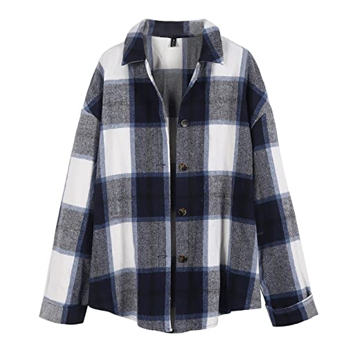 ZAFUL Damen Plaid Langarmshirt Button Down Wollmischung Dünne Jacke Casual Bluse Tops mit Tasche，Blue-17，S von ZAFUL