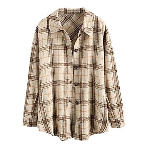 ZAFUL Damen Plaid Langarmshirt Button Down Wollmischung Dünne Jacke Casual Bluse Tops mit Tasche, Kaffee 2, Groß，L von ZAFUL