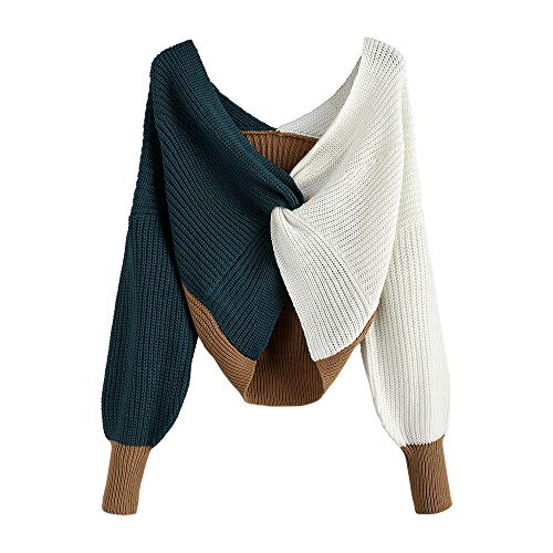 ZAFUL Damen Pullover Elegant V Ausschnitt Langarm Strickpullover Farbblock Kurze Oberteile with Geknoteter (Farbblock A M) von ZAFUL