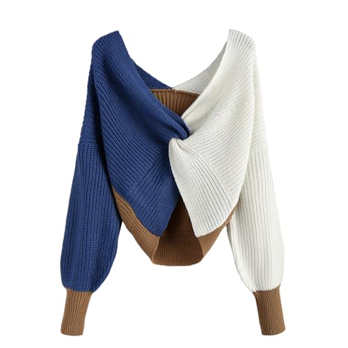 ZAFUL Damen Pullover Elegant V Ausschnitt Langarm Strickpullover Farbblock Kurze Oberteile with Geknoteter (Farbblock C M) von ZAFUL