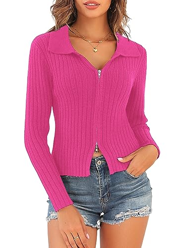 ZAFUL Damen-Pullover mit Reißverschluss, langärmelig, Poloshirt, V-Ausschnitt, gerippter Strick, schmaler Cropped-Pullover, Pullover, Pullover, Tops, 1-Rose, Klein von ZAFUL