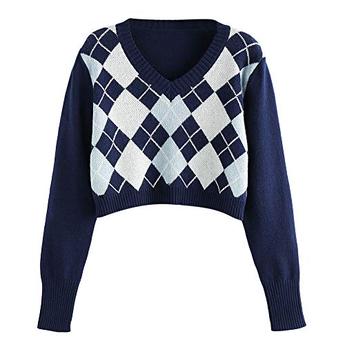 ZAFUL Damen Pullover mit V-Ausschnitt, Langarm Kurzer Pullover Jumper Sweater (Blau, L) von ZAFUL