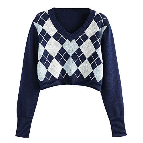 ZAFUL Damen Pullover mit V-Ausschnitt, Langarm Kurzer Pullover Jumper Sweater (Blau, M) von ZAFUL