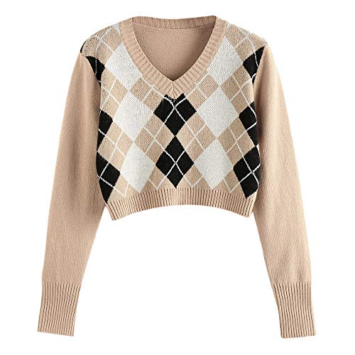 ZAFUL Damen Pullover mit V-Ausschnitt, Langarm Kurzer Pullover Jumper Sweater (Braun, L) von ZAFUL