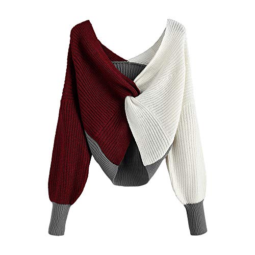 ZAFUL Damen Strickpullover Kurze V Ausschnitt Pulli Langarm Geknoteter Oberteile with Farbblock Struktur (Farbblock B S) von ZAFUL