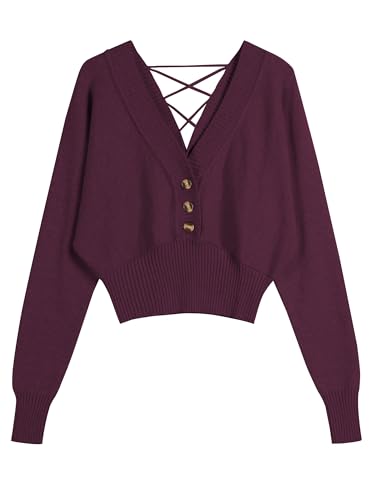 ZAFUL Damen Pullover mit V-Ausschnitt und Knöpfen, Fledermausärmel, V-Rücken, gerippter Saum, Pullover, A-dark purple, Groß von ZAFUL