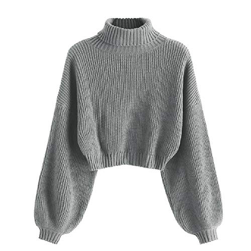 ZAFUL Damen Sweater, Rollkragen Laterne Ärmel Sweatshirt Drop Schulter Pullover Sweater(Grau, L) von ZAFUL