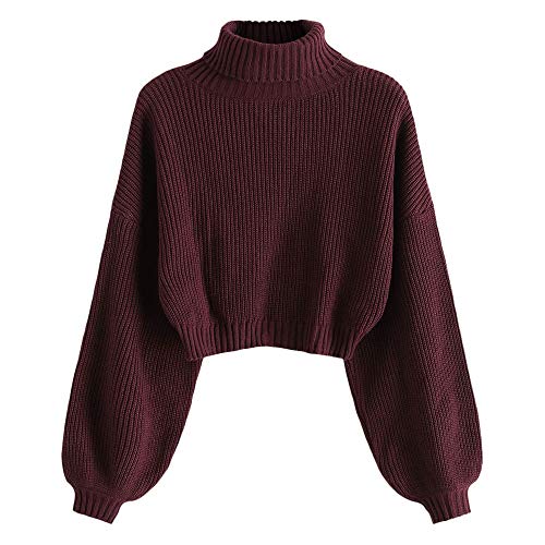 ZAFUL Damen Rollkragenpullover, Laterne Ärmel Sweatshirt Drop Schulter Cropped Pullover (Weinrot, M) von ZAFUL