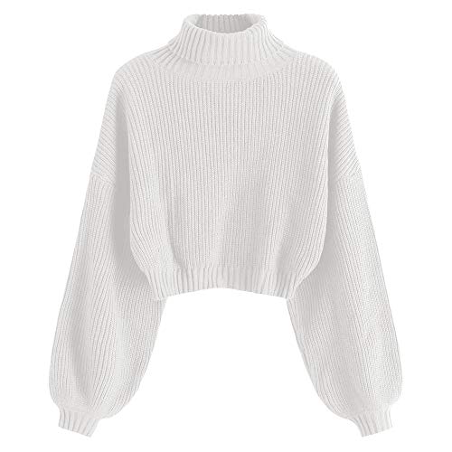 ZAFUL Damen Rollkragenpullover, Kurzer Pullover, Langarm Jumper Sweater (Weiß, L) von ZAFUL