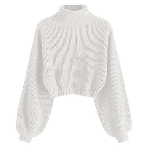 ZAFUL Damen Rollkragenpullover, Kurzer Pullover, Langarm Jumper Sweater (Weiß, L) von ZAFUL