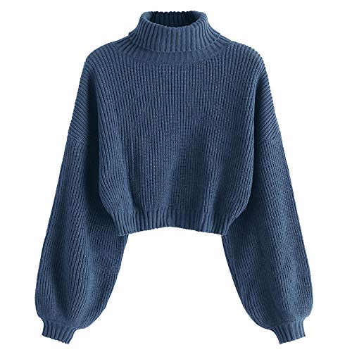 ZAFUL Damen Rollkragenpullover, Laterne Ärmel Sweatshirt Drop Schulter Cropped Pullover (Blau, L) von ZAFUL