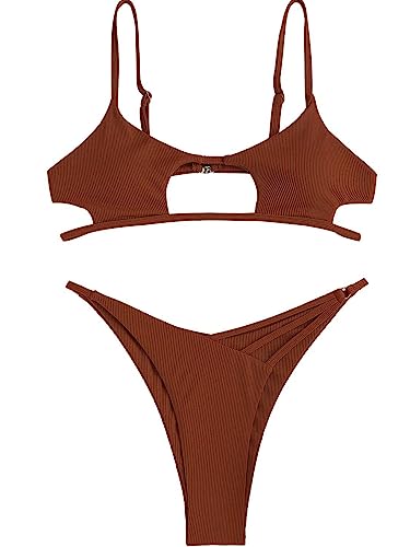 ZAFUL Damen Sexy Cutout Bikini Tanga Bikini Set Tie Back Zweiteiliger Badeanzug Badeanzug, 1 tiefer Kaffee, Large von ZAFUL