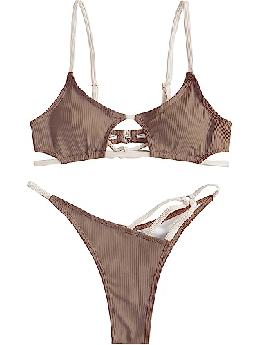 ZAFUL Damen Sexy Cutout Bikini Tanga Bikini Set Tie Back Zweiteiliger Badeanzug Badeanzug, 2-kaffee, Medium von ZAFUL