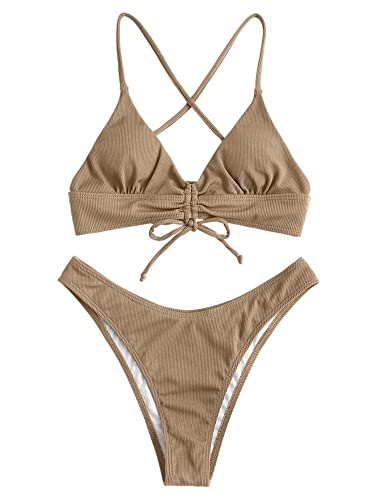 ZAFUL Damen Sexy Triangel Bikini Set Blumendruck Spaghettiträger 2 Stück Badeanzug Crisscross High Cut Badeanzug, 1-flammiger Kaffee., Medium von ZAFUL