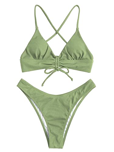 ZAFUL Damen Sexy Triangel Bikini Set Blumendruck Spaghettiträger 2 Stück Badeanzug Crisscross High Cut Badeanzug, 1-hell grün, Medium von ZAFUL