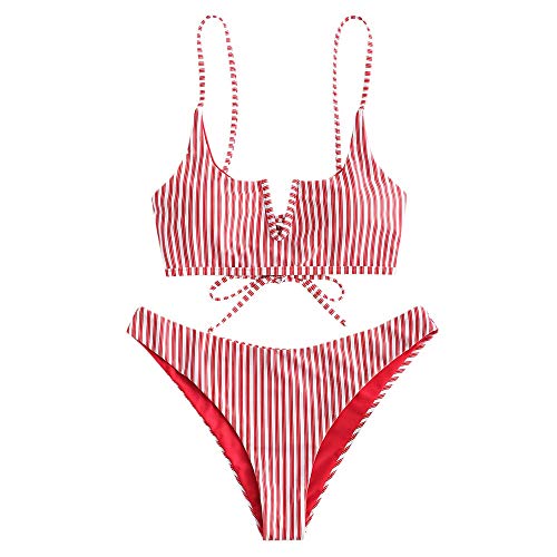 ZAFUL Damen Sexy V-förmiger Bikini mit Dünnem Riemen und Streifenmuster Bademode(Rot M-EU38) von ZAFUL