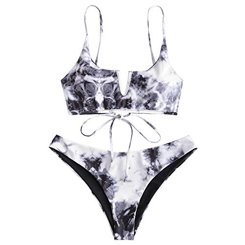 ZAFUL Damen Sexy V-förmiger Bikini mit Dünnem Riemen und Streifenmuster Bademode (Grau, S-EU 36) von ZAFUL