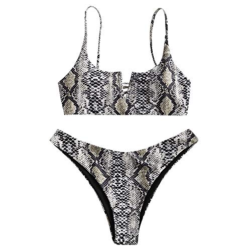 ZAFUL Damen Sexy V-förmiger Bikini mit Dünnem Riemen und Streifenmuster Bademode (Schlangenmuster-A, L) von ZAFUL