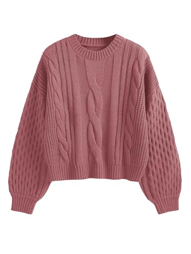ZAFUL Damen Solid Knit Cable Sweater Casual Long Lantern Sleeve Pullover Crew Neck Knitted Tops, 1-karoon, Klein von ZAFUL