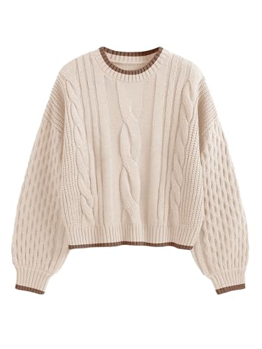 ZAFUL Damen Solid Knit Cable Sweater Casual Long Lantern Sleeve Pullover Crew Neck Knitted Tops, 2-apricot, Mittel von ZAFUL