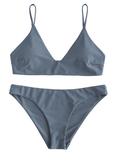 ZAFUL Damen Solid Spaghettiträger Bralette Bikini Set Zweiteiliger Badeanzug, 1-dunkelgrau, Medium von ZAFUL