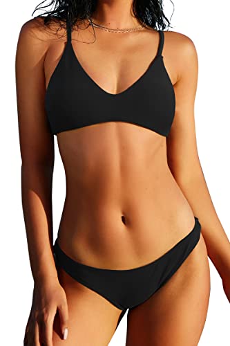 ZAFUL Damen Solid Spaghettiträger Bralette Bikini Set Zweiteiliger Badeanzug, 1-schwarz, S von ZAFUL