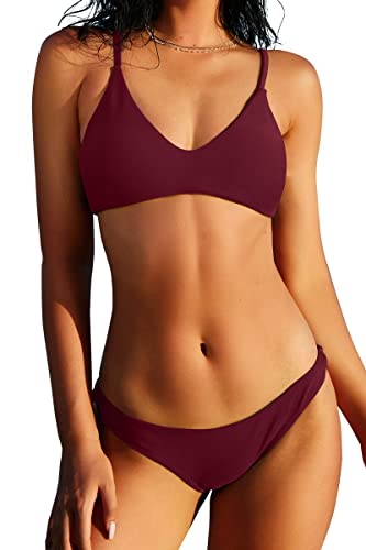 ZAFUL Damen Solid Spaghettiträger Bralette Bikini Set Zweiteiliger Badeanzug, 1-weinrot, Medium von ZAFUL