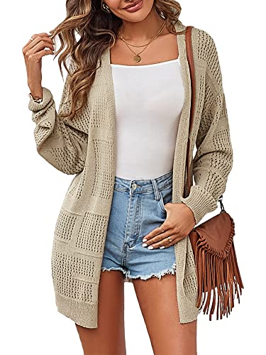 ZAFUL Damen Sommer Cardigan Open Front Sweater Casual Langarm Boho Crochet Knit Cover Up, Khaki, Groß von ZAFUL