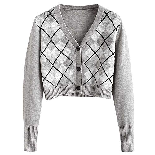 ZAFUL Damen Strickjacke, Button Up V-Ausschnitt Langarm Kurz Cardigans (Grau, Einheitsgröße) von ZAFUL