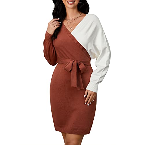 ZAFUL Damen Strickkleid Elegant Langarm Winterkleid V Ausschnitt Colorblock Cocktailkleid mit Gürtel Herbst (Weiß, M) von ZAFUL