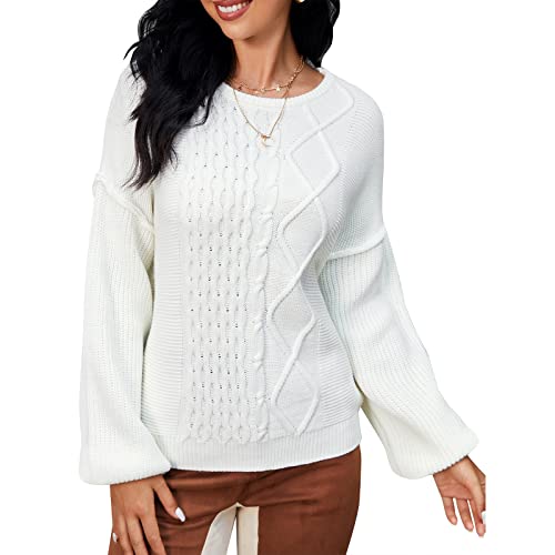 ZAFUL Damen Strickpullover Oversize Elegant Rundhals Strickpulli Zopfpullover Sweater mit Ballonärmel für Winter Weisse (Weiß, L) von ZAFUL