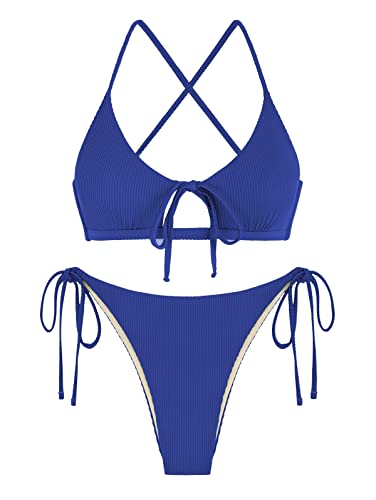 ZAFUL Damen String Bikini Set Gerippte Cut Out Zweiteiliger Badeanzug Niedrige Taille Tie Side Badeanzug, Blau, Large von ZAFUL